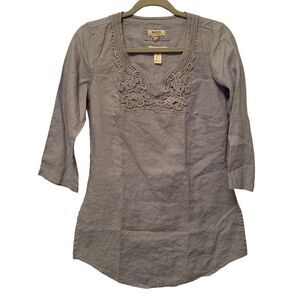 Malvin Blouse Womens Small 100% Linen Mamburg Germany Blue 3/4 Sleeves‎ Pop Over